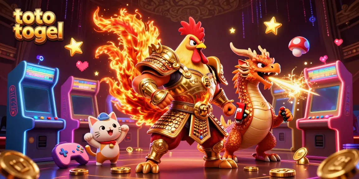 Experience thrilling excitement with toto togel in a dynamic, colorful 3D casino scene featuring warrior characters and arcade elements.