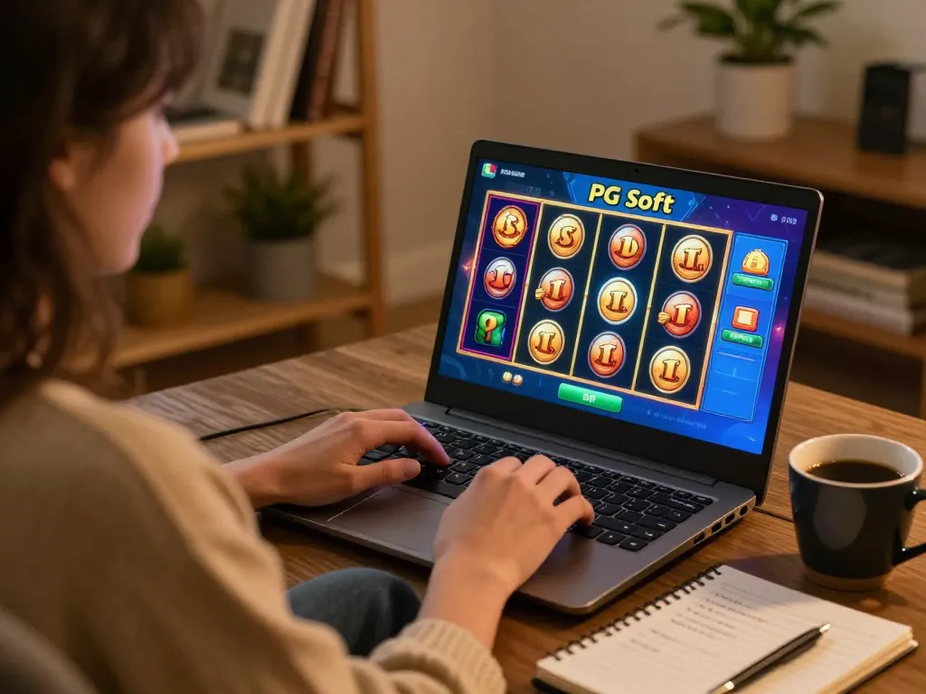 Mainkan slot Demo PG Soft di laptop dalam suasana rumah yang nyaman dengan nuansa hangat.