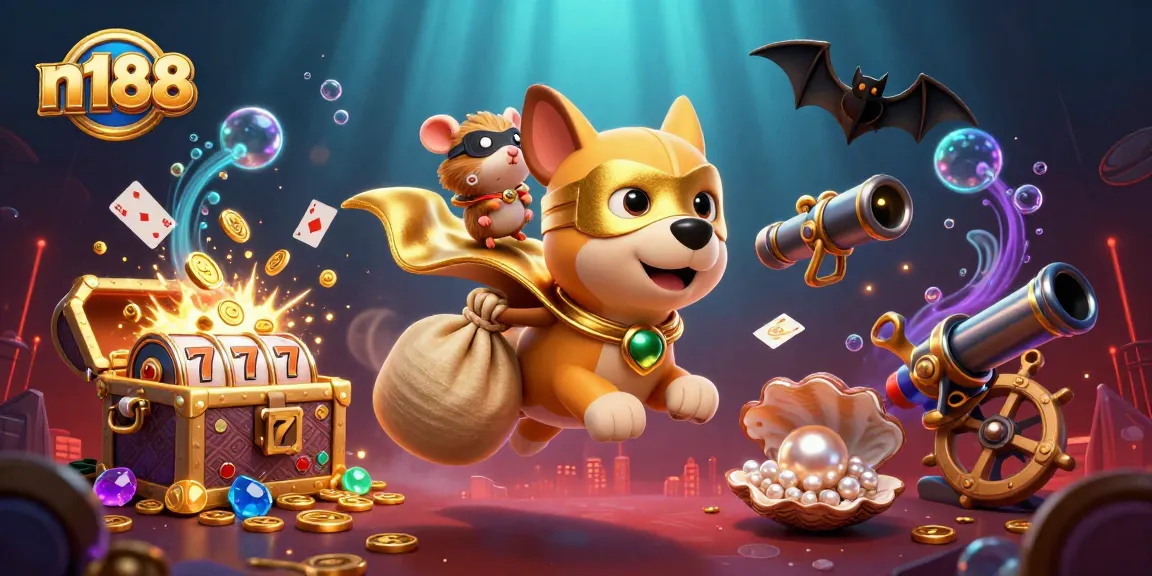 n188 online casino gaming adventure: a superhero dog and sidekick flying through a vibrant casino scene filled with treasures.