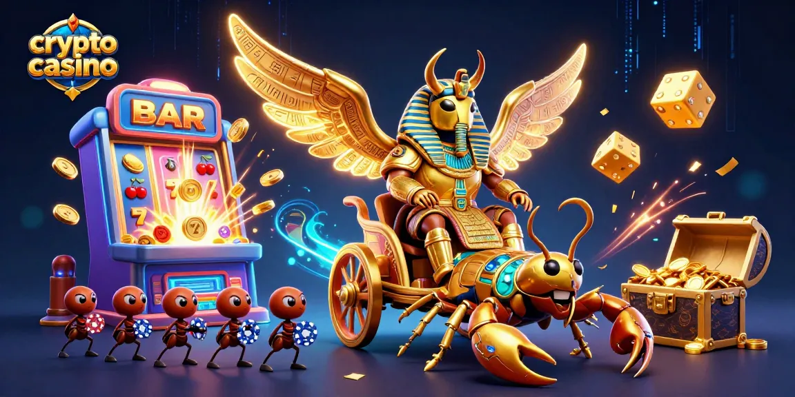 Experience the vibrant energy of a crypto casino with a golden scarab and more in this dynamic illustration.