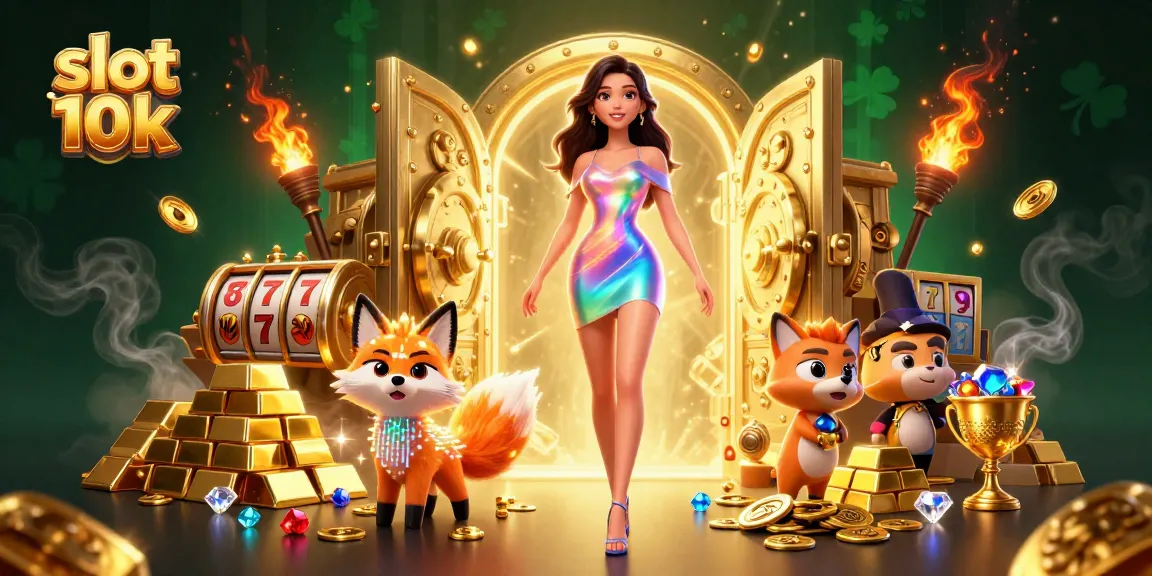 Engage with the excitement of slot 10k in a vibrant, dynamic casino scene featuring beautiful characters and dazzling treasures.