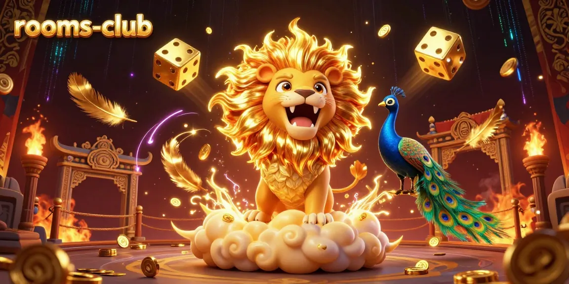 Menang di platform games rooms-club dengan karakter slot digital dan dadu berkilau.