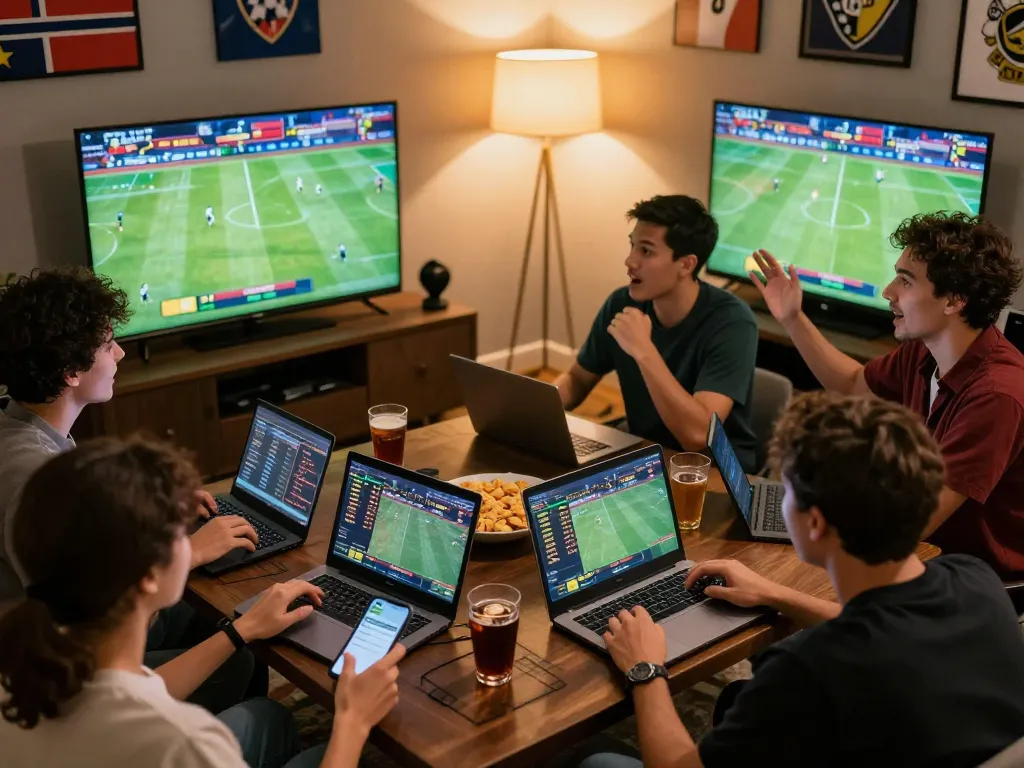 Friends engaging in real-time sports betting with smartcityhostels' exciting online platform.
