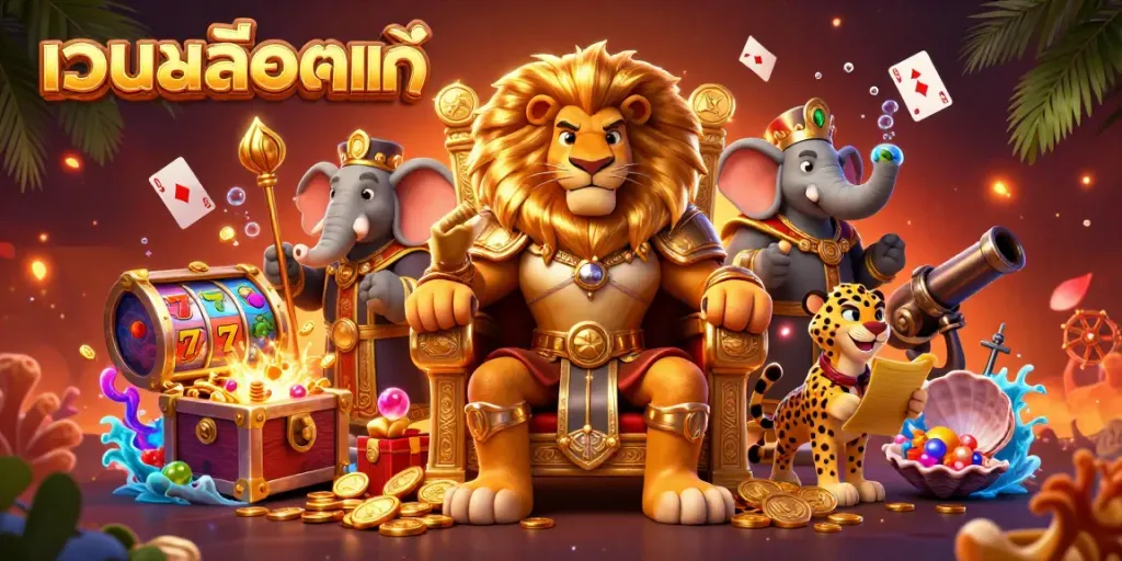 Engage in เว็บสล็อตแท้ with colorful slot reels and royal characters in a vibrant casino world.