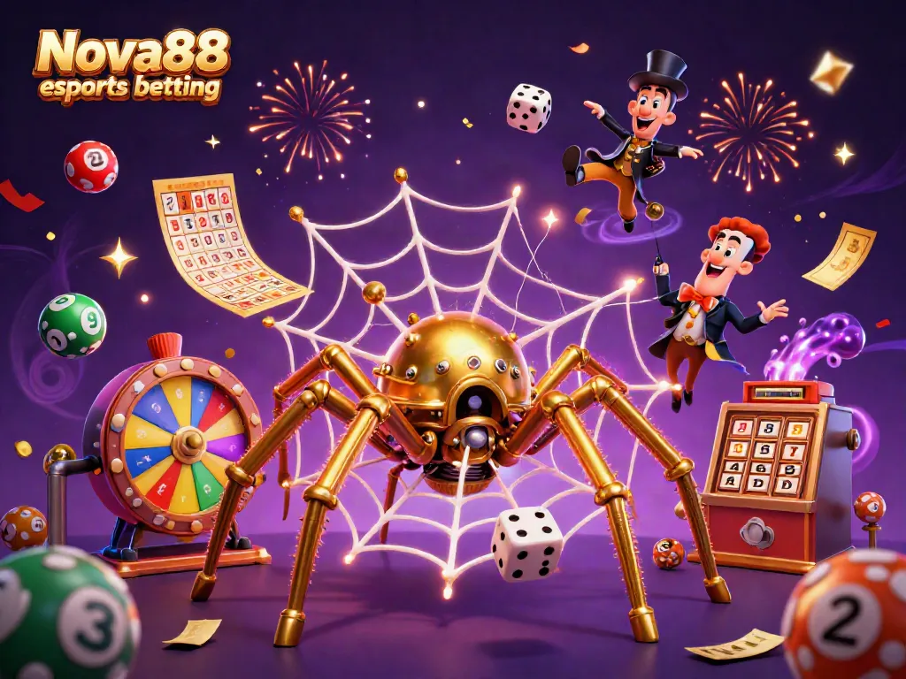 Engage in Nova88 esports betting with a playful scene of a steampunk spider and a gentleman, surrounded by vibrant gaming elements.