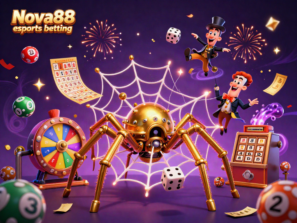 Engage in Nova88 esports betting with a playful scene of a steampunk spider and a gentleman, surrounded by vibrant gaming elements.