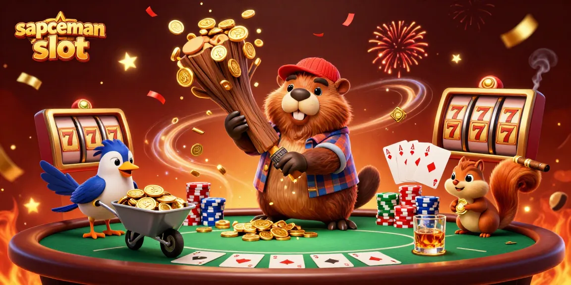 Experience thrilling action with sapceman slot, featuring a beaver collecting golden coins and vibrant casino elements.