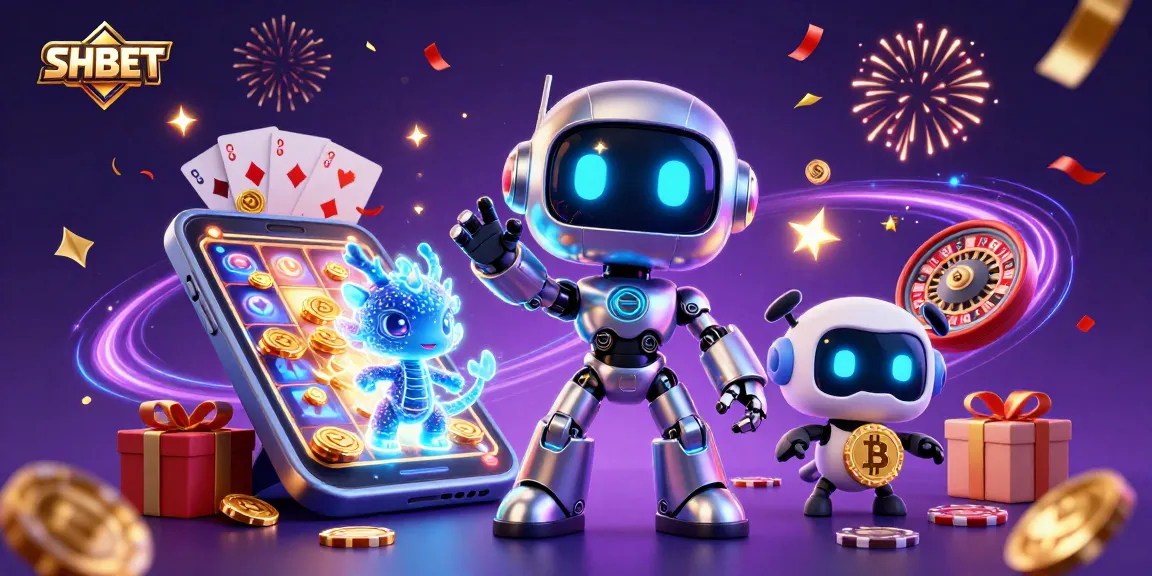 Experience the excitement of SHBET with vibrant games, a cyberpunk mascot, and festive digital elements.