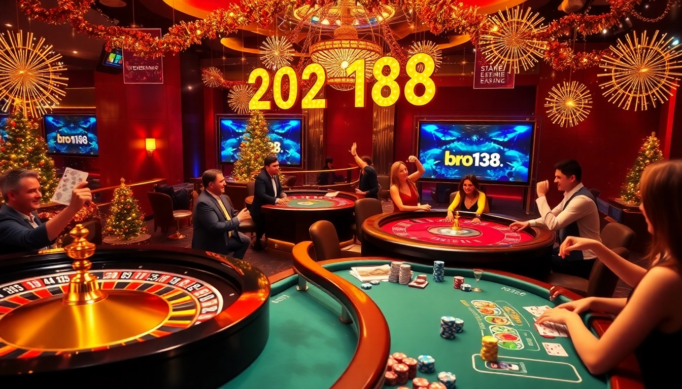 Gamblers enjoying a vibrant New Year celebration at bro138 online casino with festive decorations.