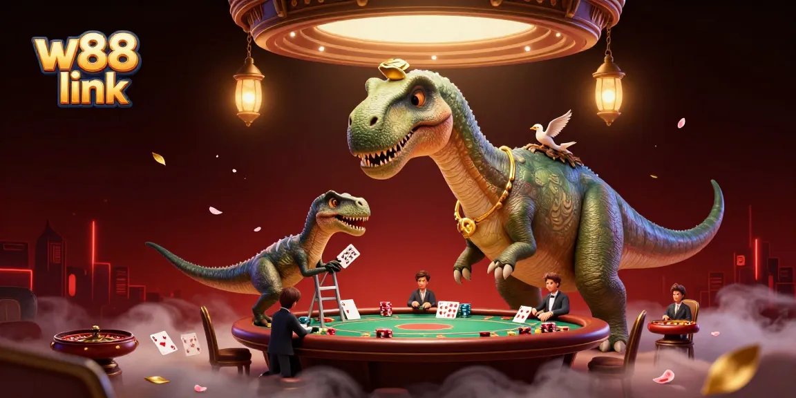 Engage with the vibrant world of gambling at W88 Link with cartoon dinosaurs in a casino.