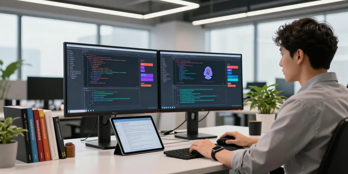 Kobold AI developer coding in a modern workspace with dual monitors and vibrant AI simulations.