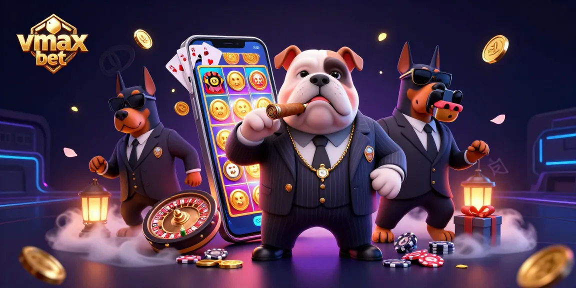 Win big with vmax bet as illustrated by a mafia boss bulldog and Doberman bodyguards in a vibrant casino scene.
