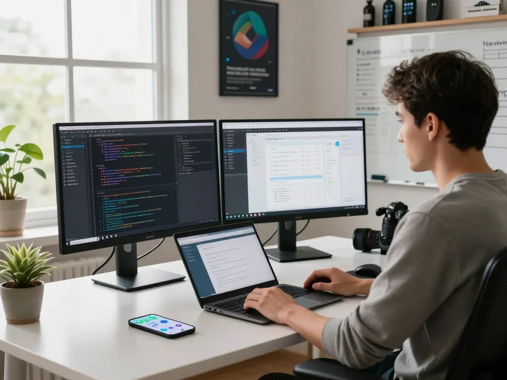 Developer utilizing OpenClaw personal AI assistant in a modern workspace with dual monitors and natural light