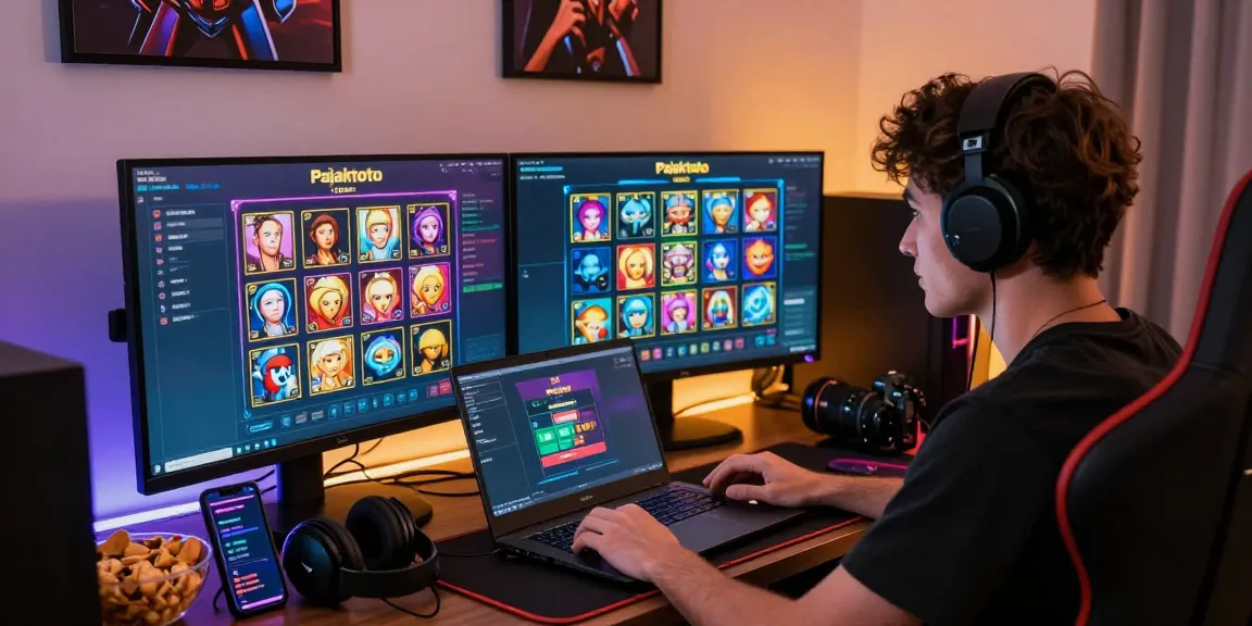 Pajaktoto login screen displayed on laptop during an intense online gaming session in a stylish gaming setup.