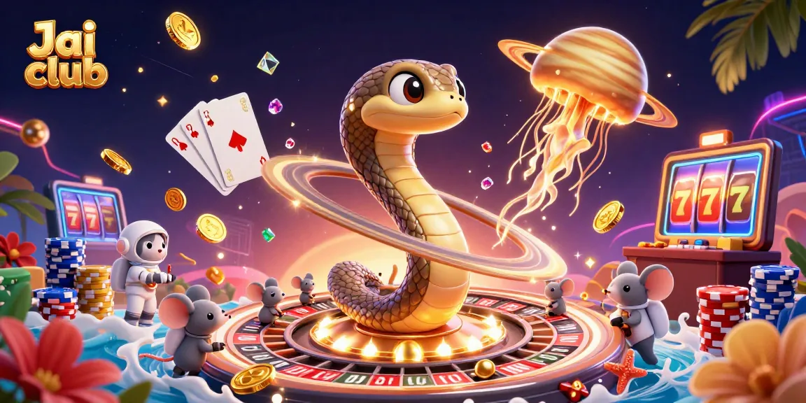 Bet on casino games like at Jai club with 3D Saturn snake and astronaut mice in vibrant cosmic scene.