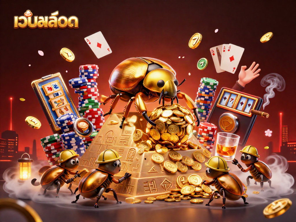 Experience เว็บสล็อต action with golden beetles rolling coins and slots in vibrant casino art.