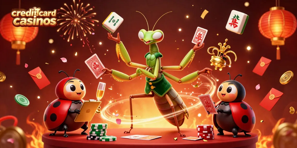 Experience the excitement of credit card casinos with lively characters celebrating in a vibrant casino setting.