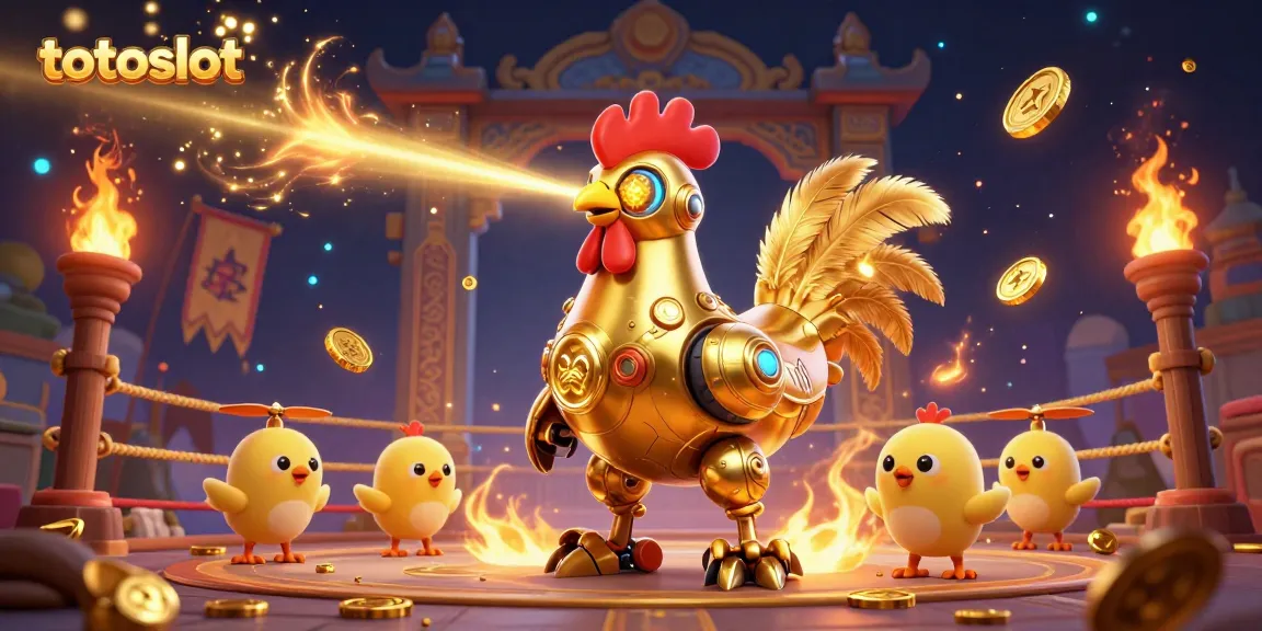 Totoslot showcases a vibrant 3D scene with a golden rooster robot and baby chick drones amidst swirling golden elements, creating dynamic gambling excitement.