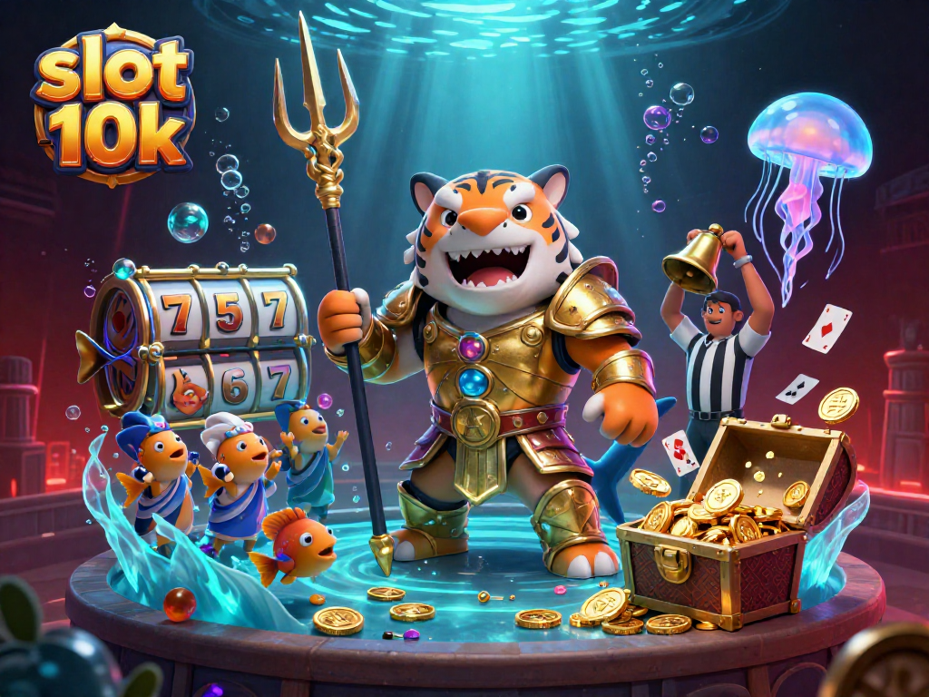 Play exciting slot 10k games with the cartoon tiger shark in a colorful underwater scene filled with treasures.