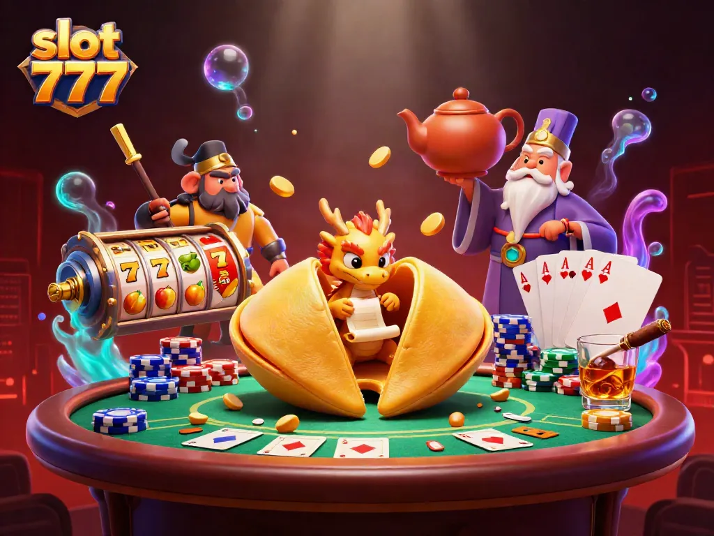 Slot 777 dengan karakter unik dan elemen permainan yang kaya dalam ilustrasi kartun 3D