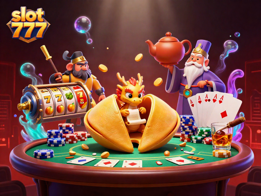 Slot 777 dengan karakter unik dan elemen permainan yang kaya dalam ilustrasi kartun 3D