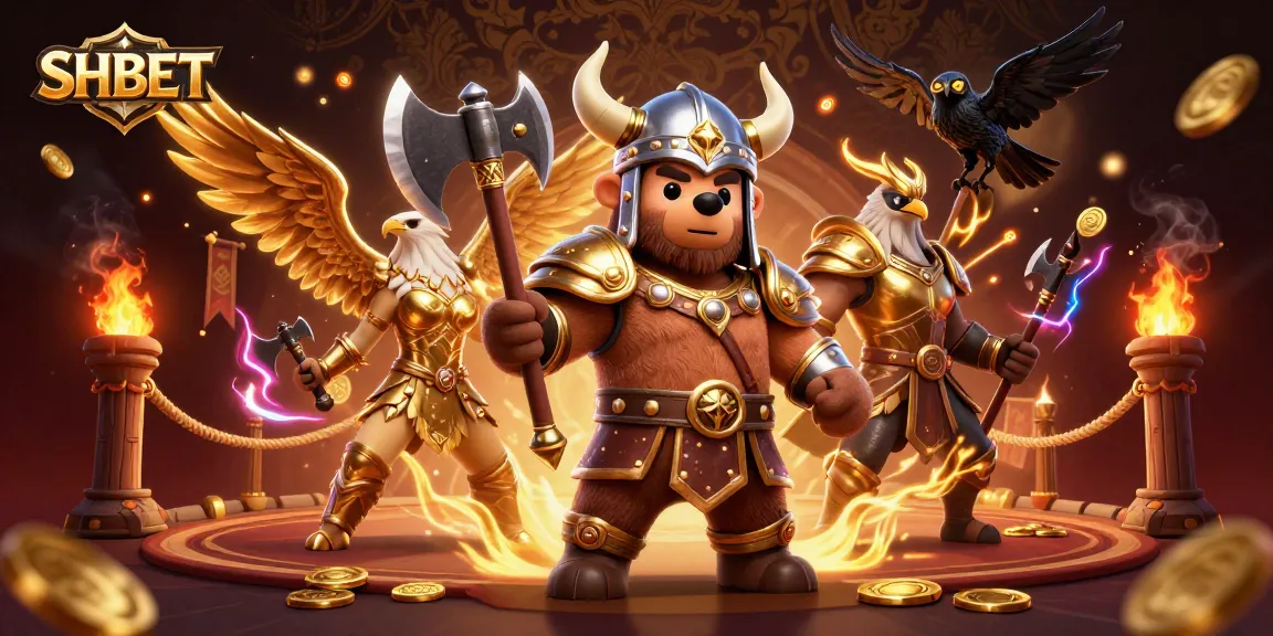 SHBET betting frenzy with Viking bear and Valkyrie eagle amidst dynamic casino elements.
