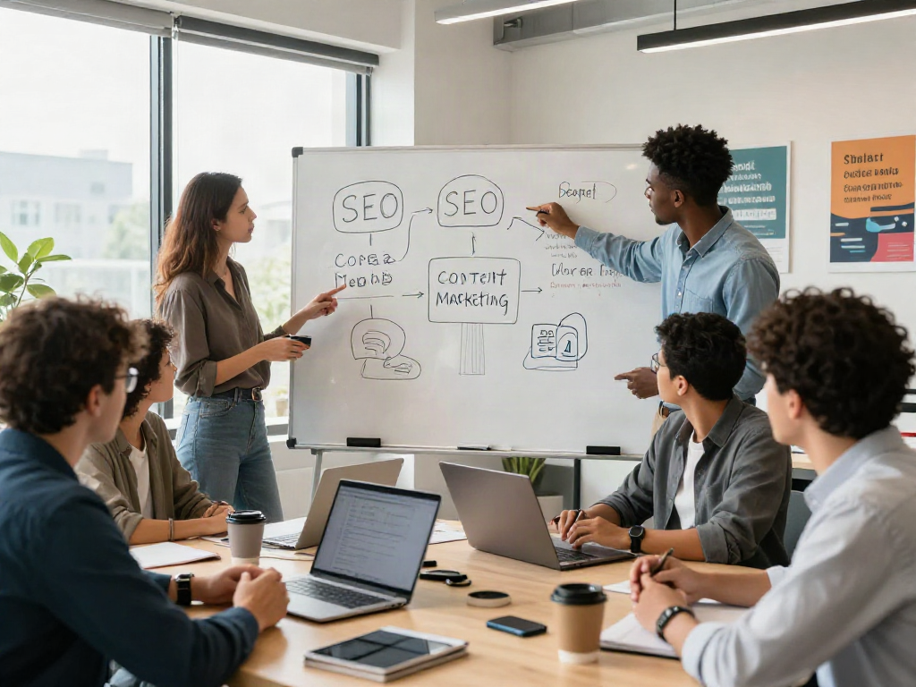 Kunjungi website for effective digital marketing strategies in a collaborative workspace.
