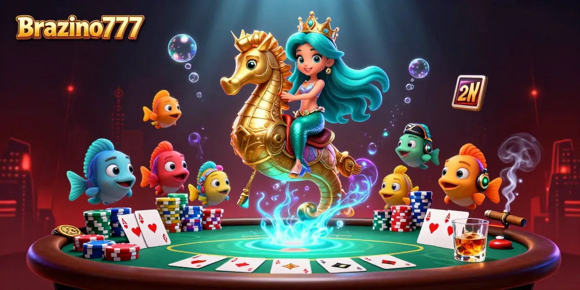 Brazino777 inspires with a colorful undersea casino adventure showcasing a mermaid princess and her seahorse companion amid poker elements.