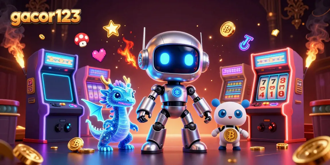The gacor123 gaming scene showcases a cyberpunk robot, AI dragon, and drone in a vibrant casino setting.