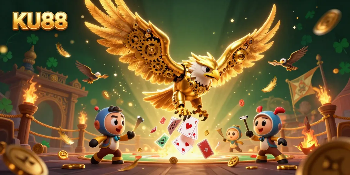 Experience the thrill of KU88 in a dynamic 3D illustration featuring a golden eagle among holographic playing cards.