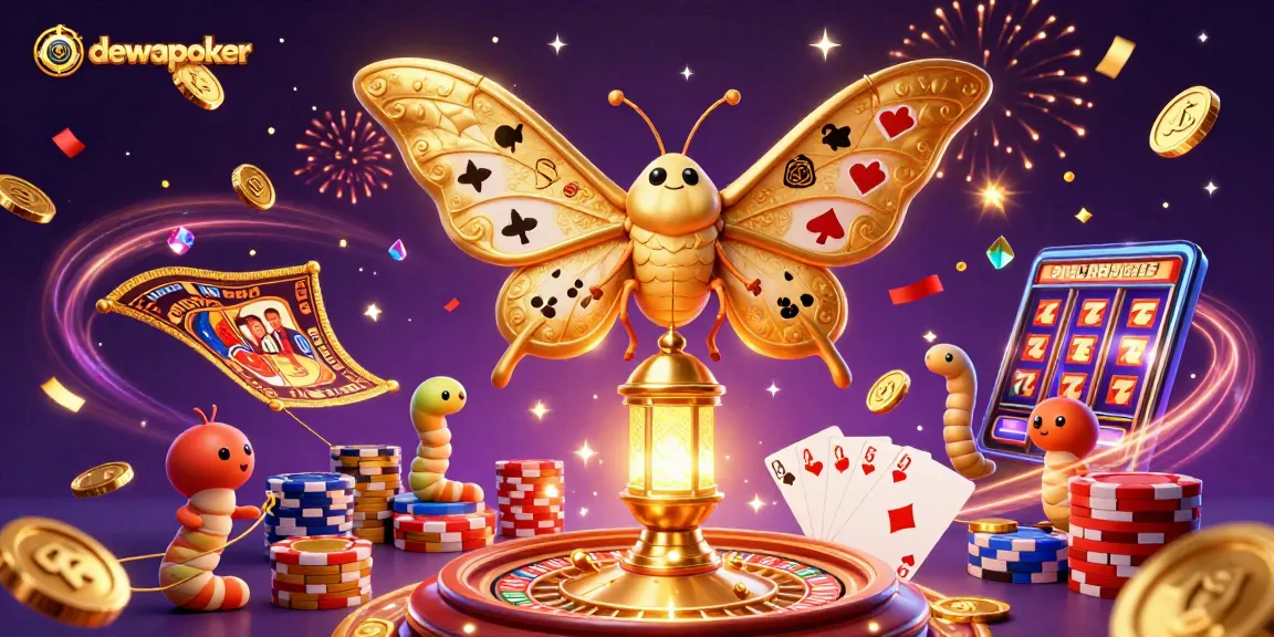Play poker and win with dewapoker, featuring a vibrant 3D casino scene with gold coins and cards.