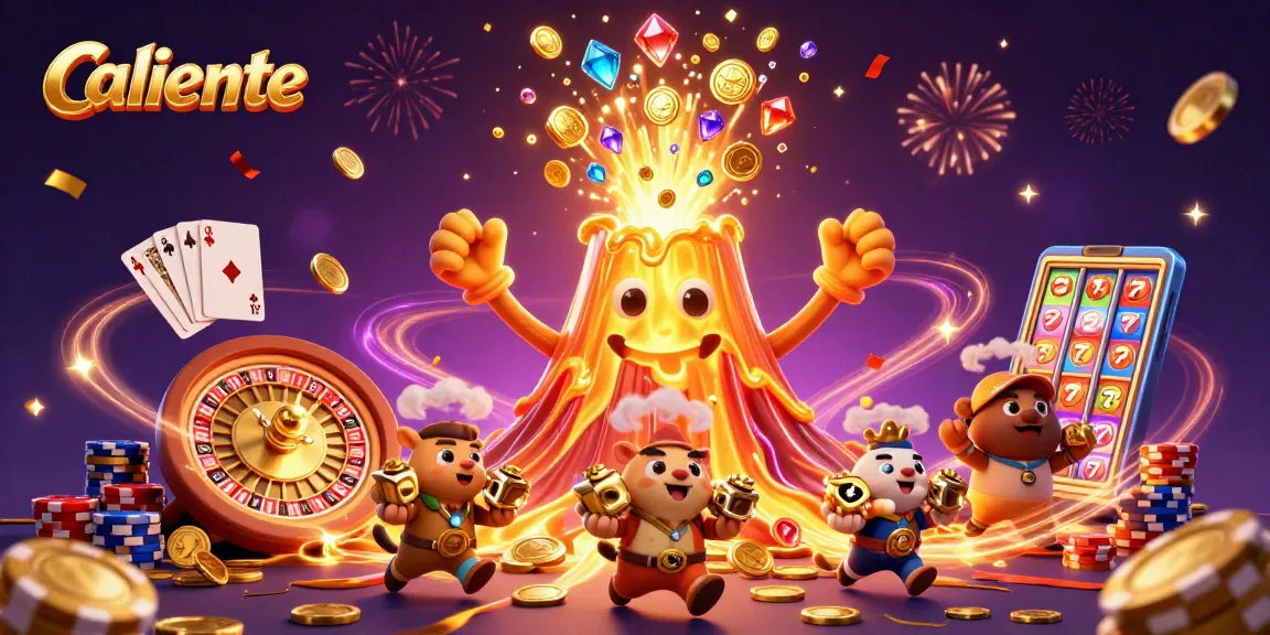 Spin and win at Caliente with treasures flying from a golden volcano in this vibrant 3D scene.