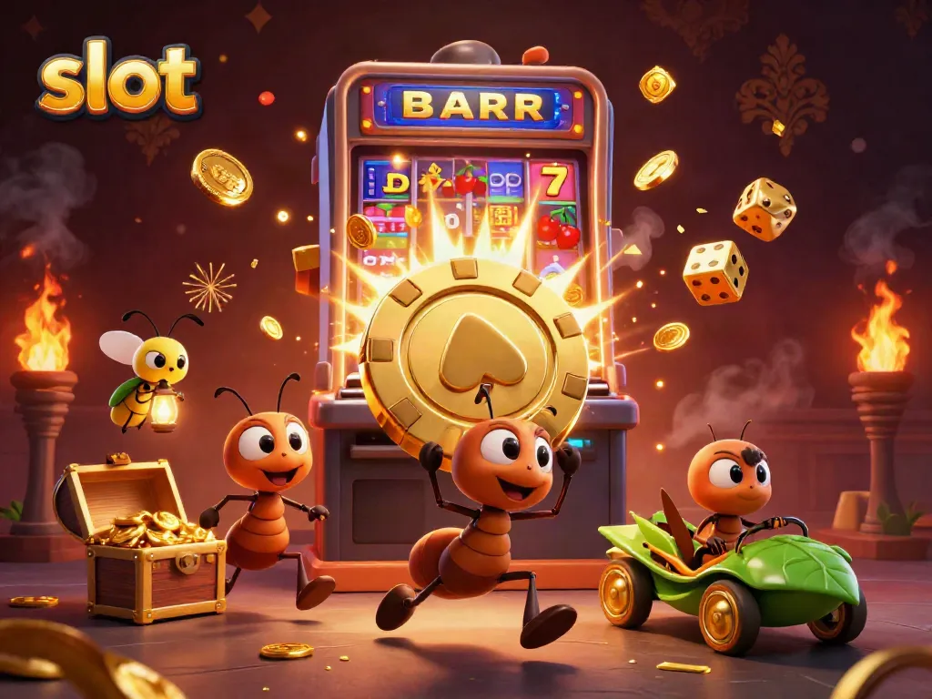 Slot memperlihatkan semut kartun mencuri chip poker emas dan mesin slot meledak dengan koin.