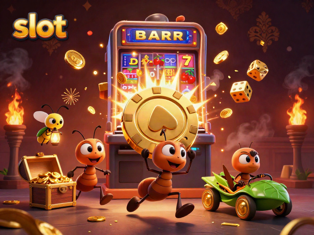 Slot memperlihatkan semut kartun mencuri chip poker emas dan mesin slot meledak dengan koin.