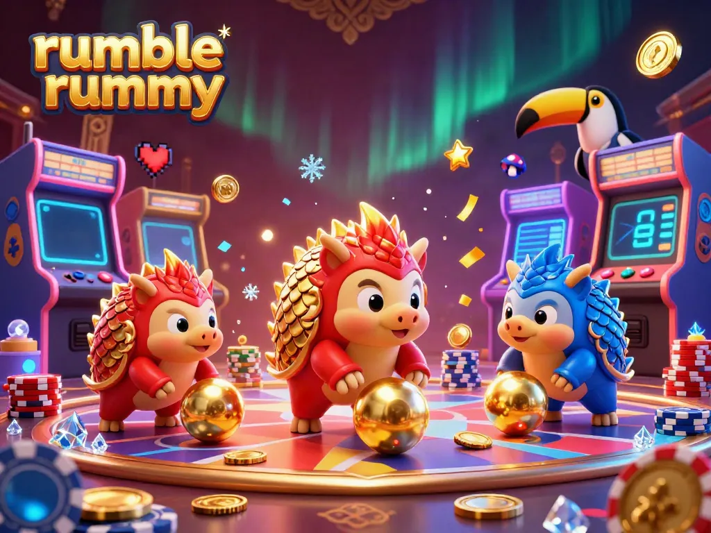 Experience the thrill of Rumble Rummy with dynamic pangolins, poker chips, and vibrant game elements.