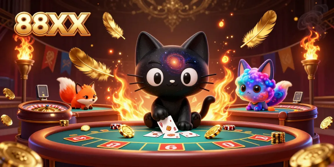 Engage in thrilling games at 88XX's vibrant casino, featuring a cosmic scene and playful characters.