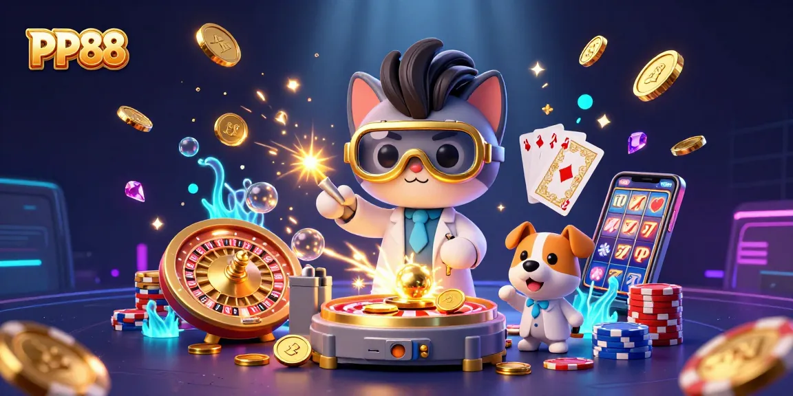 Experience thrilling gameplay at PP88 with cartoon characters amidst vibrant casino elements.