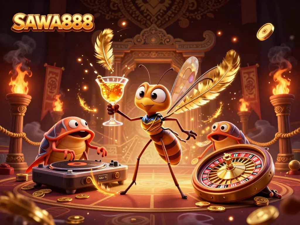 Engage with SAWA888 casino excitement in an ultra-detailed 3D illustration featuring vibrant characters and dynamic gaming elements.