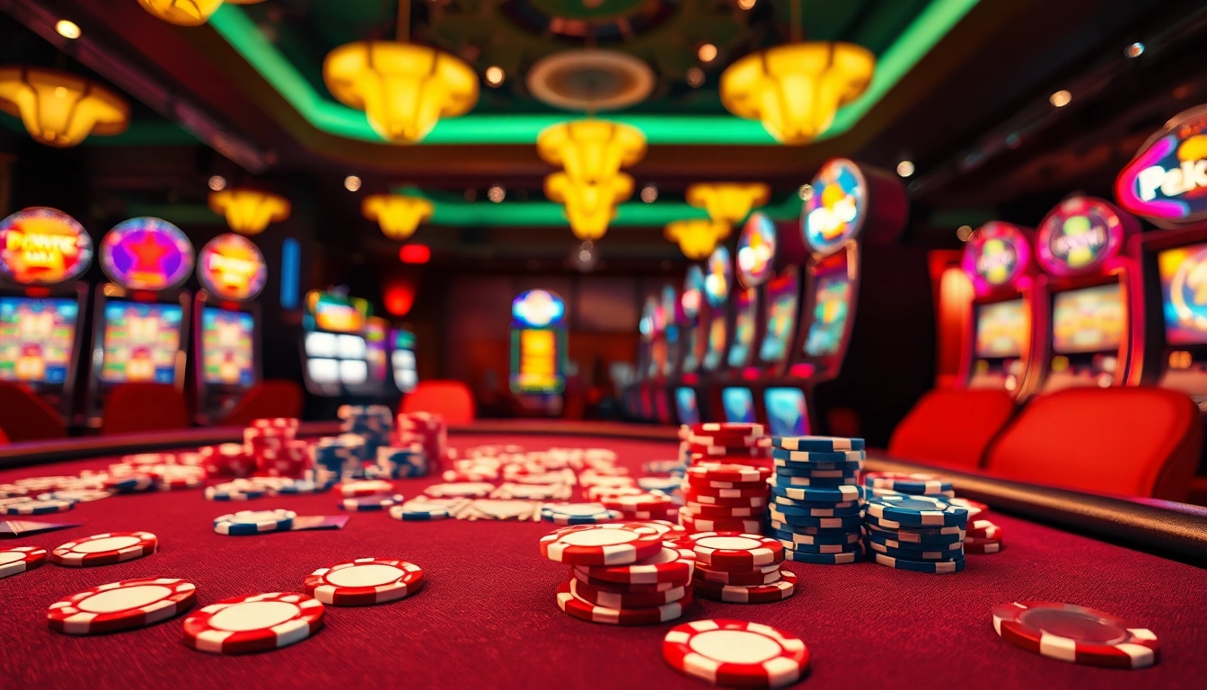 Slot deposit 5000 pada meja kasino dengan chip warna-warni dan kartu yang menarik.