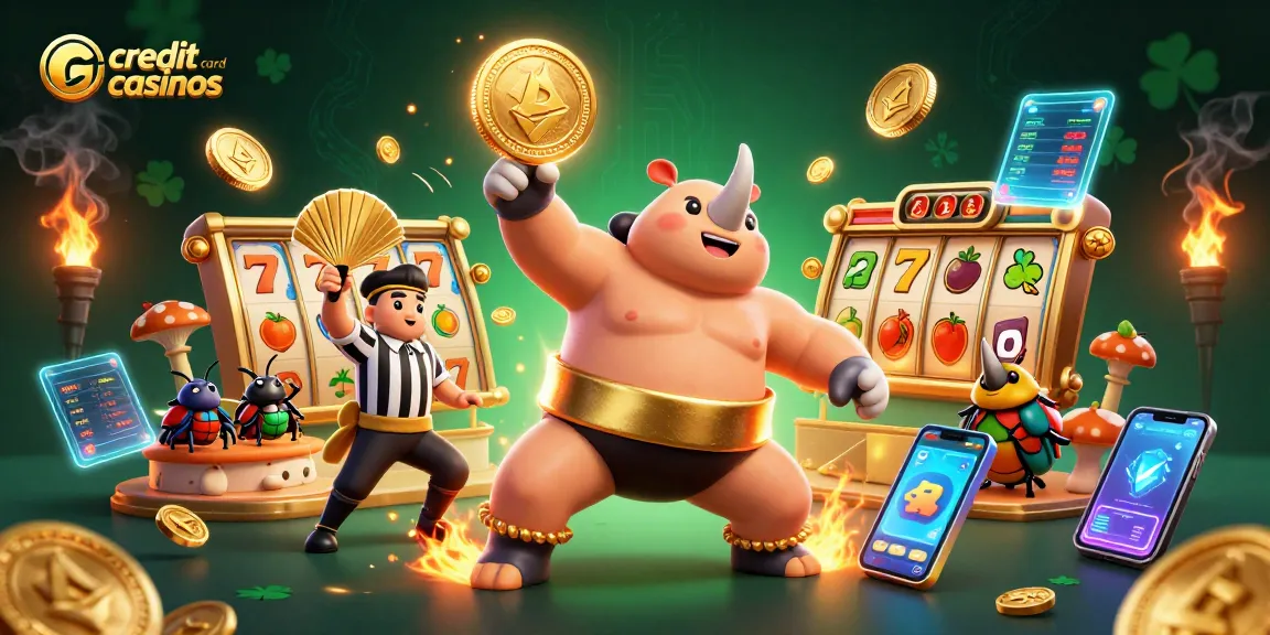 Experience thrilling action at credit card casinos with a sumo beetle champion amidst golden coins and slot reels.