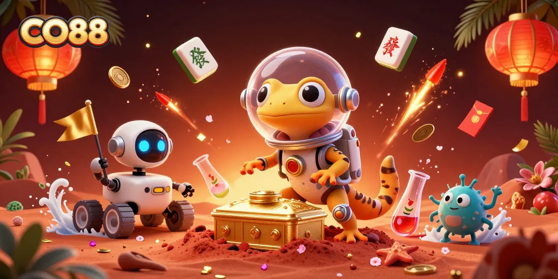 Experience CO88 winning moments with a Martian gecko in a vibrant casino scene.