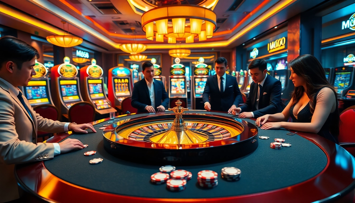 Players engaging with mu88 com's luxurious casino atmosphere, focusing on roulette and poker.