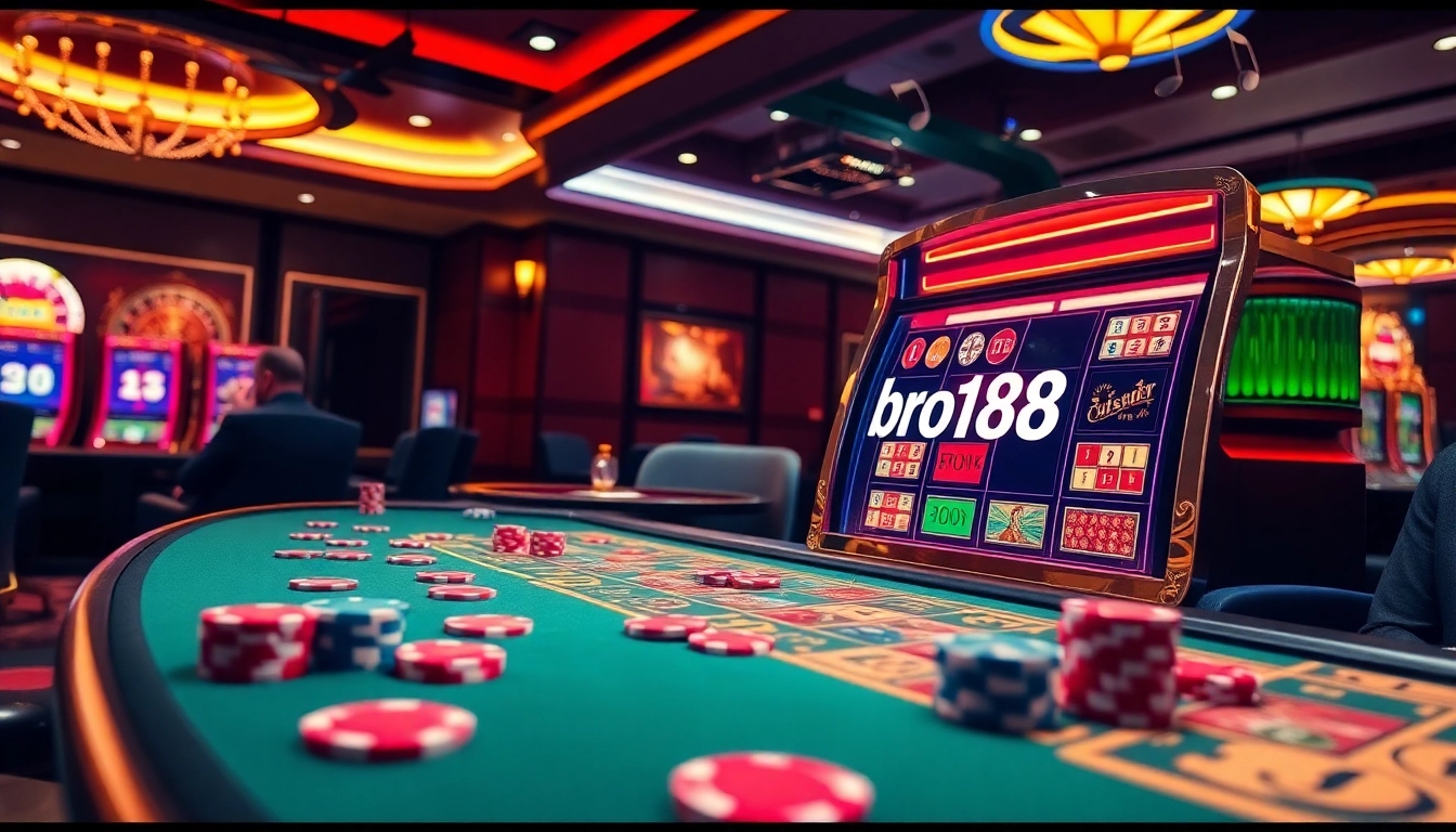 Experience the excitement of bro138 with players enjoying vibrant slot machines and casino games.