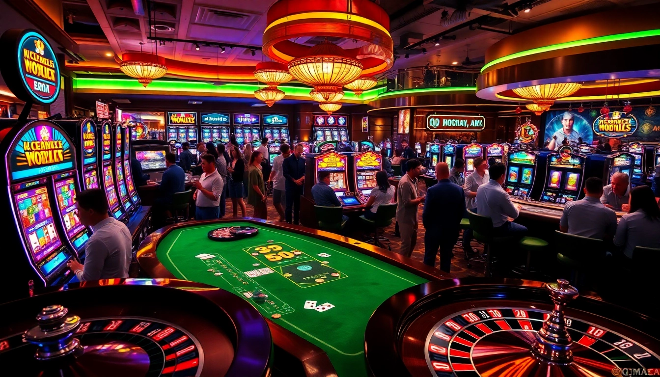 Players enjoying the thrill of gambling at QQMACAN with colorful slot machines and poker tables.