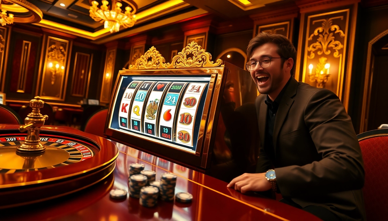 Player celebrating a win at the slot online apiraja88 machine in a luxurious casino setting.