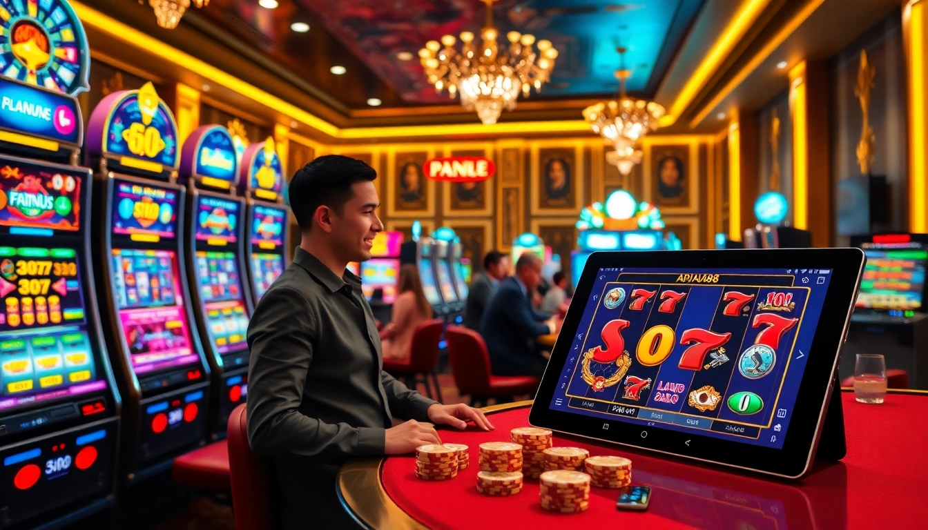 Players enjoying slot online apiraja88 at a vibrant casino, showcasing excitement and vivid gaming elements.