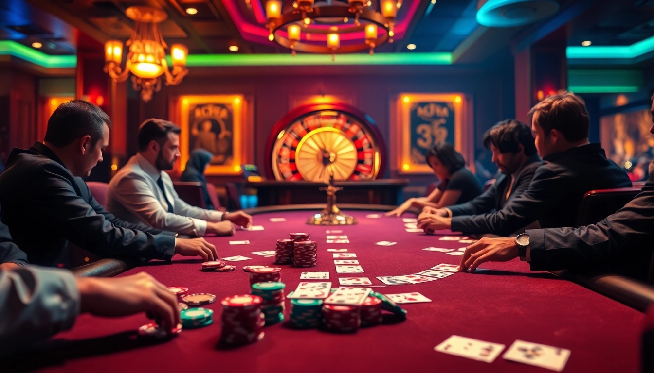 SODO-themed casino scene featuring an intense poker game with vibrant chips and cards.