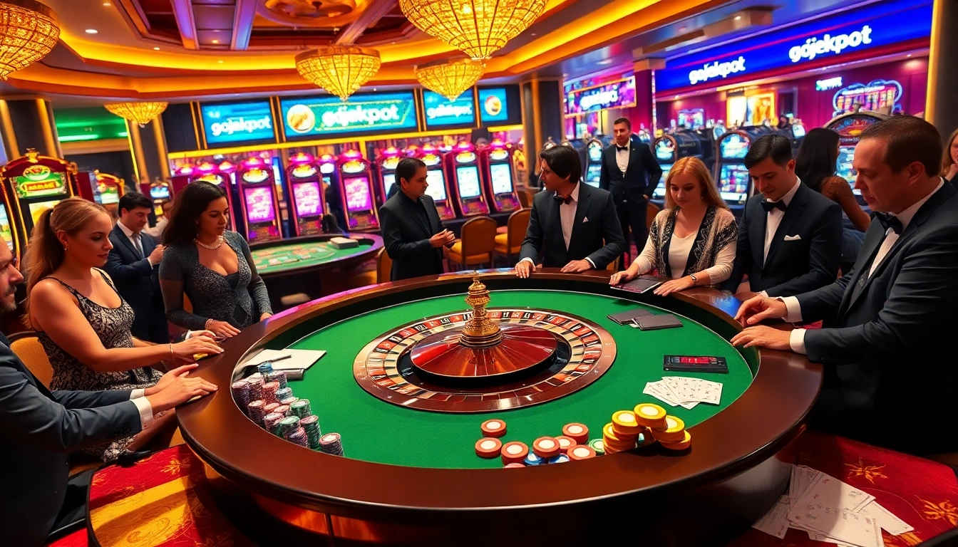 Gamblers enjoying their time at a roulette table with gojekpot-themed decor, excitement in the air.