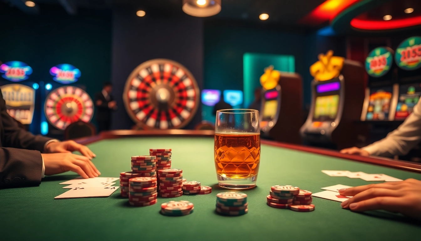 Experience a thrilling casino atmosphere with KK55-themed poker table, elegant players, and vibrant chips.