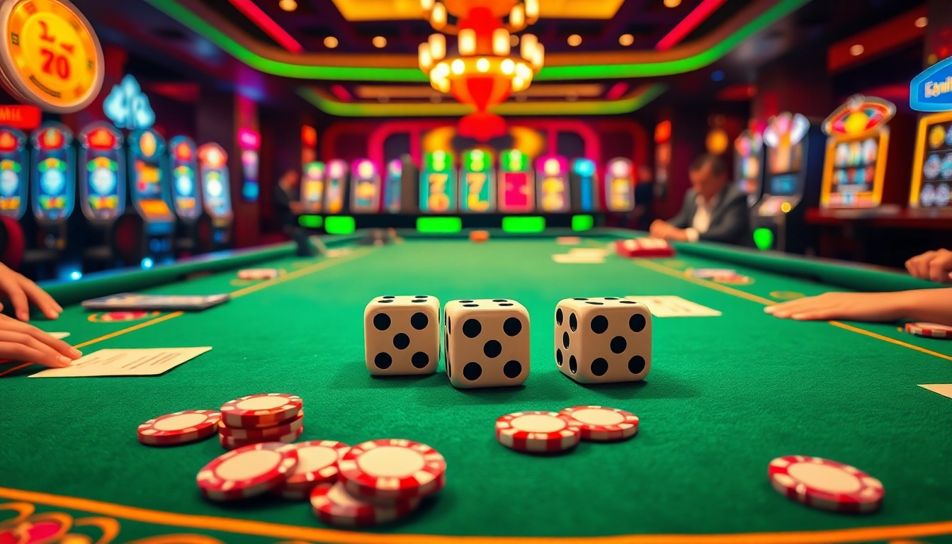 Tài Xỉu MMOO players eagerly betting with dice and chips at a luxurious casino table.